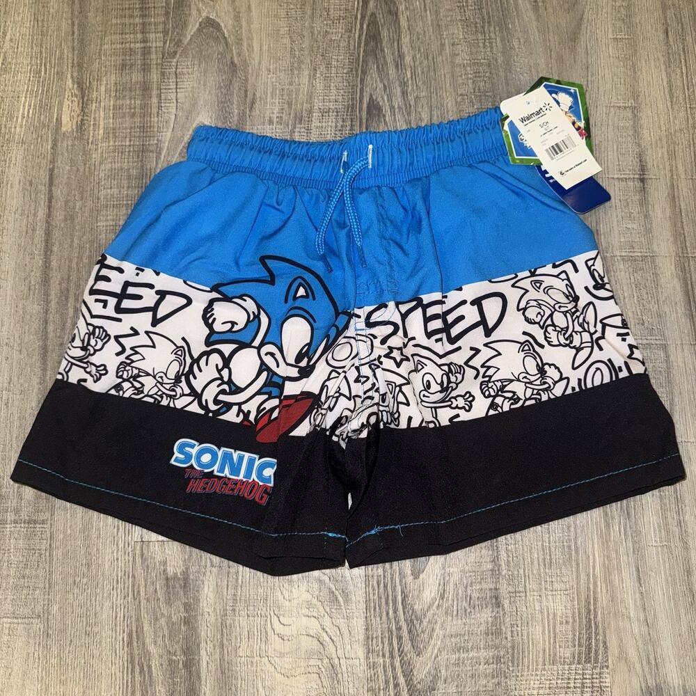 Sonic the Hedgehog Boys 10/12 Large Blue Black Swim Trunks Board Shorts NWT